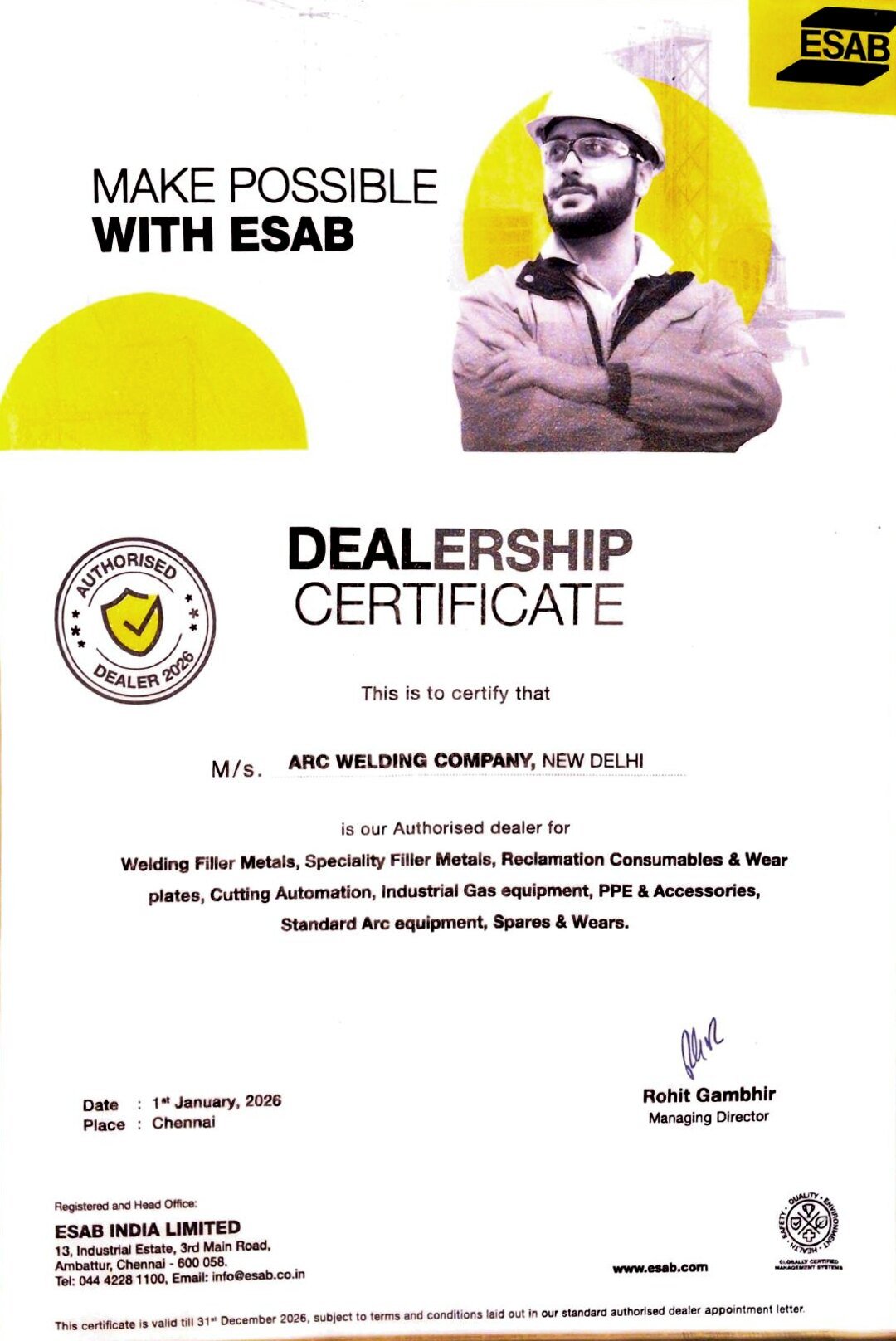 ESAB India dealership certificate 2026 issued to ARC WELDING COMPANY, New Delhi