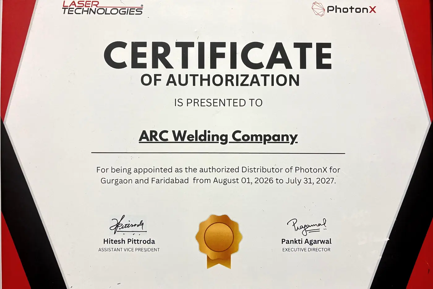 Laser Technologies certificate of authorization appointing ARC WELDING COMPANY as authorised PhotonX distributor for Gurgaon and Faridabad