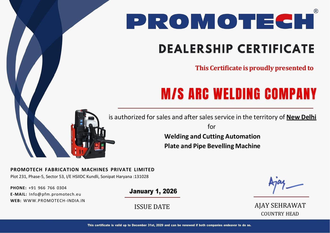 PROMOTECH dealership certificate 2026 issued to ARC WELDING COMPANY for New Delhi