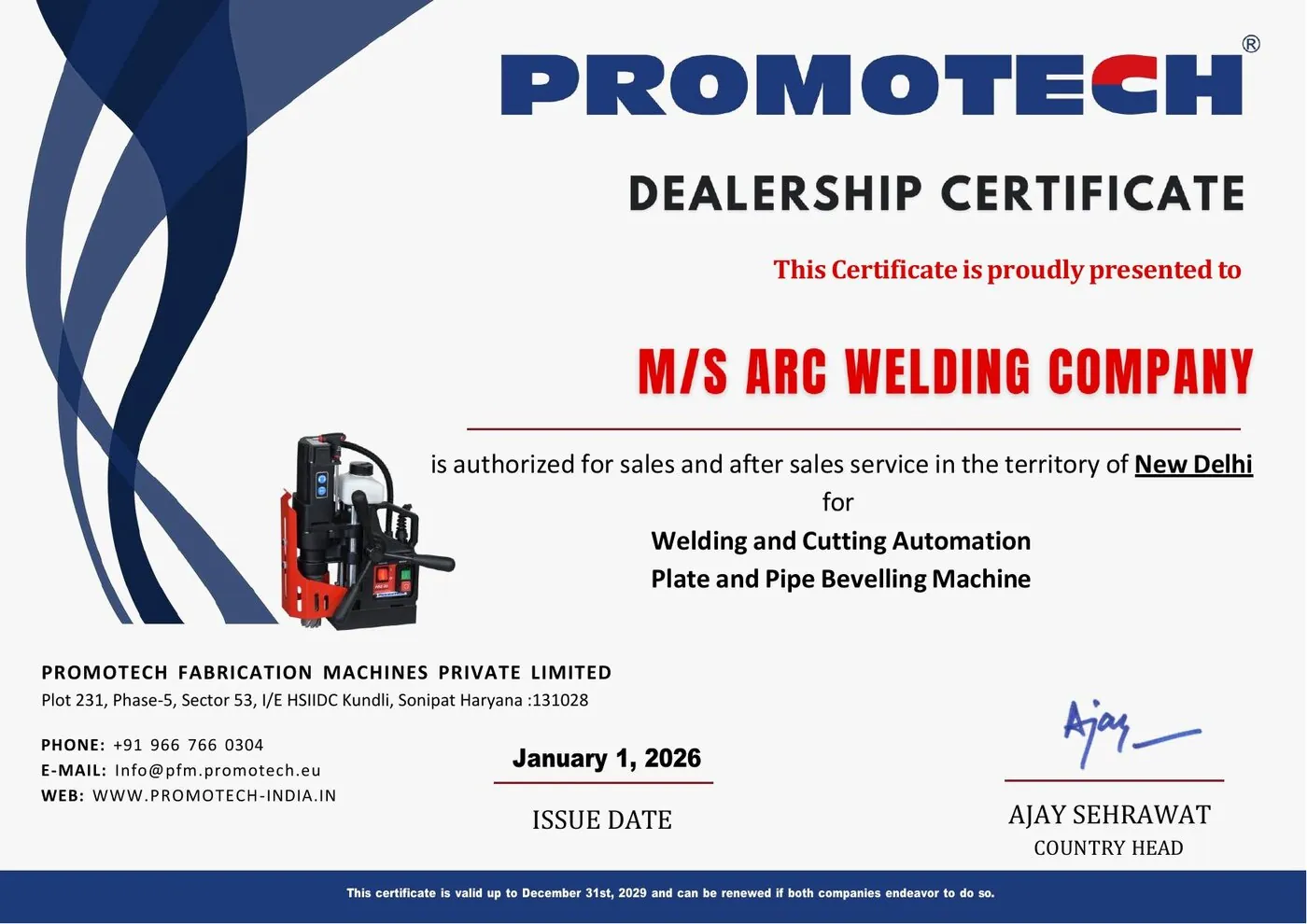 PROMOTECH dealership certificate 2026 issued to ARC WELDING COMPANY for New Delhi