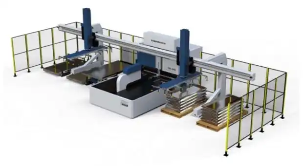 Panel bender with gantry truss loader and safety fencing